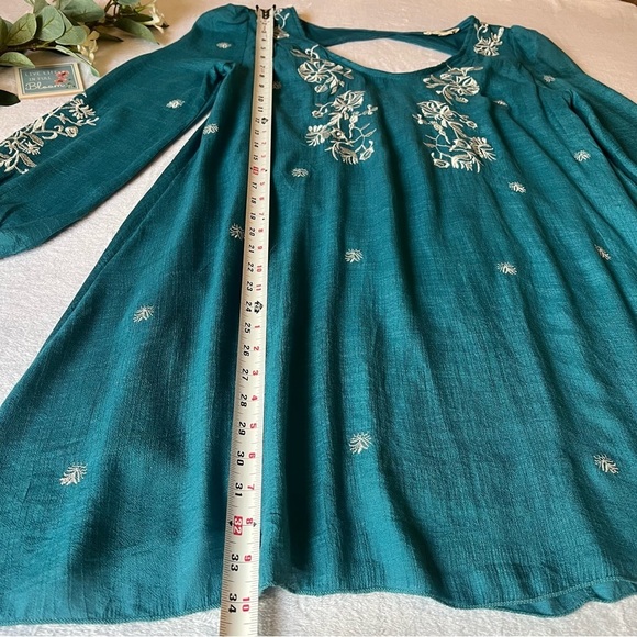Women’s Embroidered Boho Mini Dress Teal Long Puff Sleeve - Picture 5 of 13